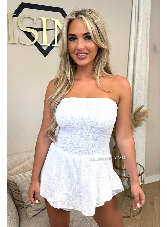 WHITE - 'JESSY PLAYSUIT' - STRAPLESS MOUSSELINE WAFFLE COTTON PLAYSUIT