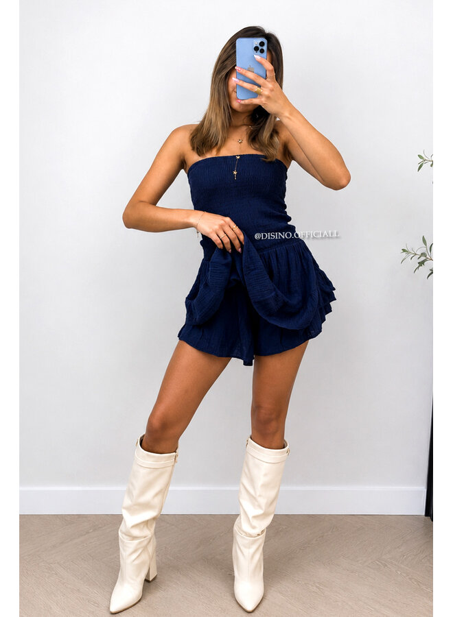 NAVY BLUE - 'JESSY PLAYSUIT' - STRAPLESS MOUSSELINE WAFFLE COTTON PLAYSUIT