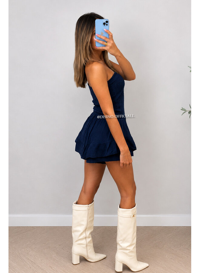 NAVY BLUE - 'JESSY PLAYSUIT' - STRAPLESS MOUSSELINE WAFFLE COTTON PLAYSUIT