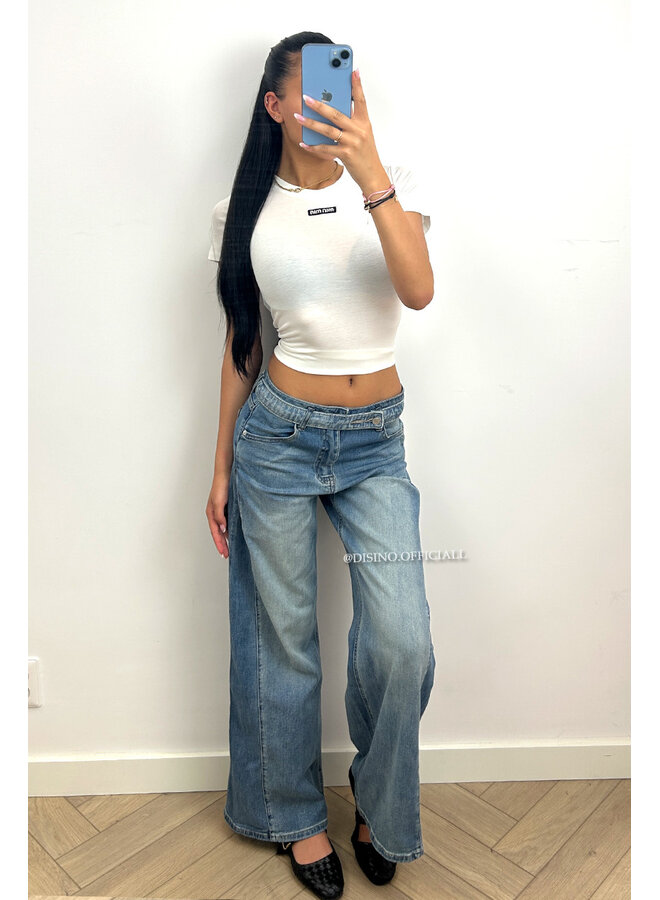 DARK BLUE - 'MALIBU JEANS' - STRETCH VIRAL BELTED WIDE LEG JEANS