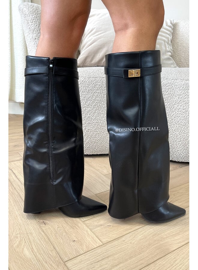 BLACK - 'LEATHER SHARK BOOTS' - PREMIUM QUALITY PERFECT HIGH HEELS