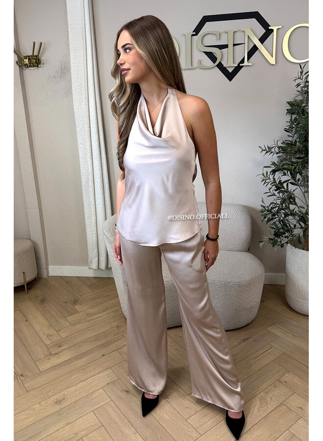 BEIGE - 'NOUR SET' - CLASSY SATIN TOP + PANTS SET