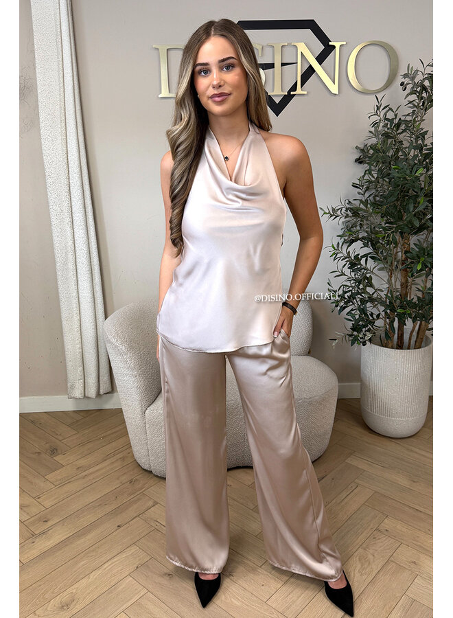 BEIGE - 'NOUR SET' - CLASSY SATIN TOP + PANTS SET