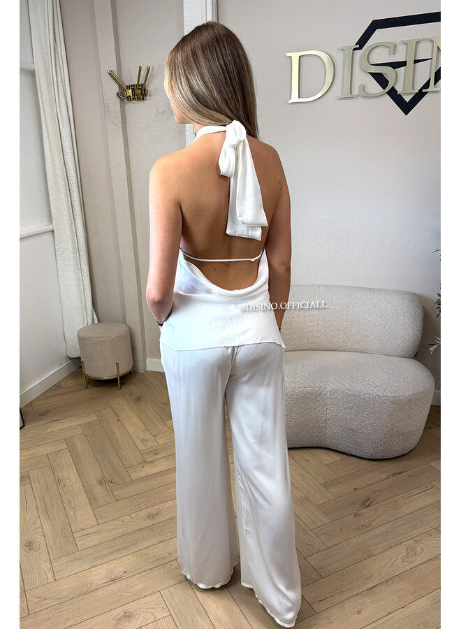 WHITE - 'NOUR SET' - CLASSY SATIN TOP + PANTS SET