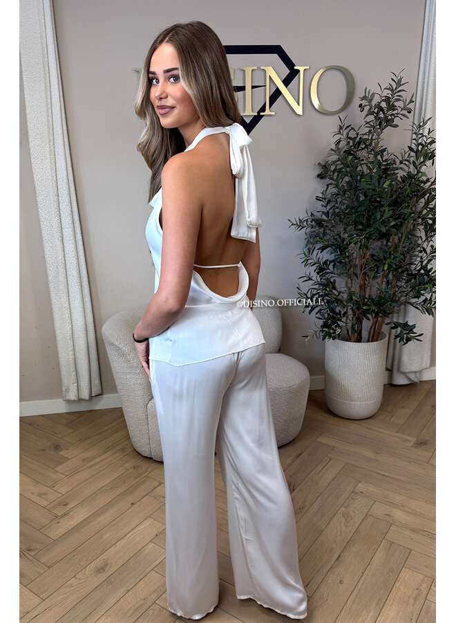 WHITE - 'NOUR SET' - CLASSY SATIN TOP + PANTS SET