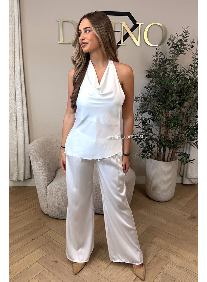 WHITE - 'NOUR SET' - CLASSY SATIN TOP + PANTS SET
