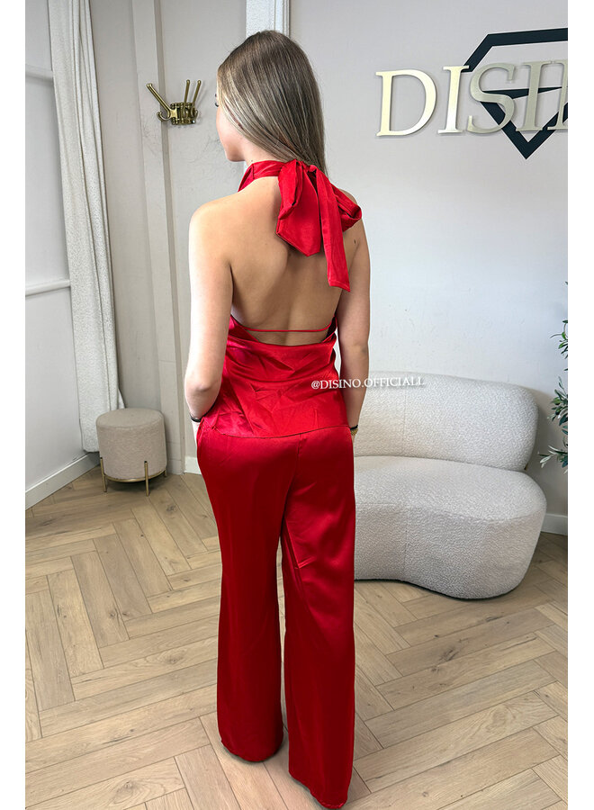 RED - 'NOUR SET' - CLASSY SATIN TOP + PANTS SET