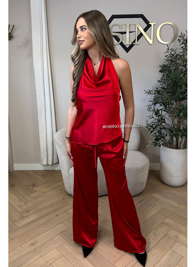 RED - 'NOUR SET' - CLASSY SATIN TOP + PANTS SET