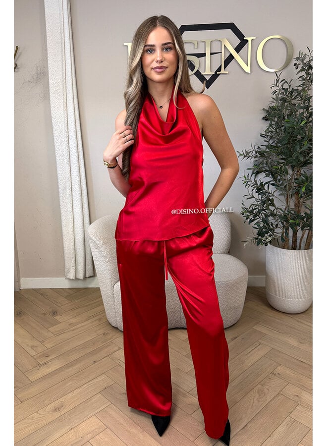RED - 'NOUR SET' - CLASSY SATIN TOP + PANTS SET