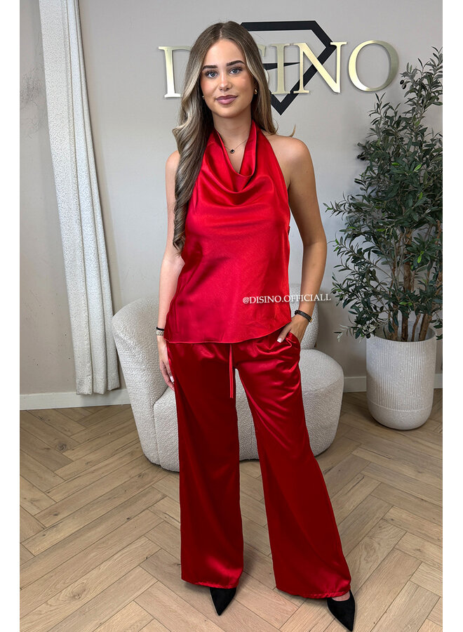RED - 'NOUR SET' - CLASSY SATIN TOP + PANTS SET