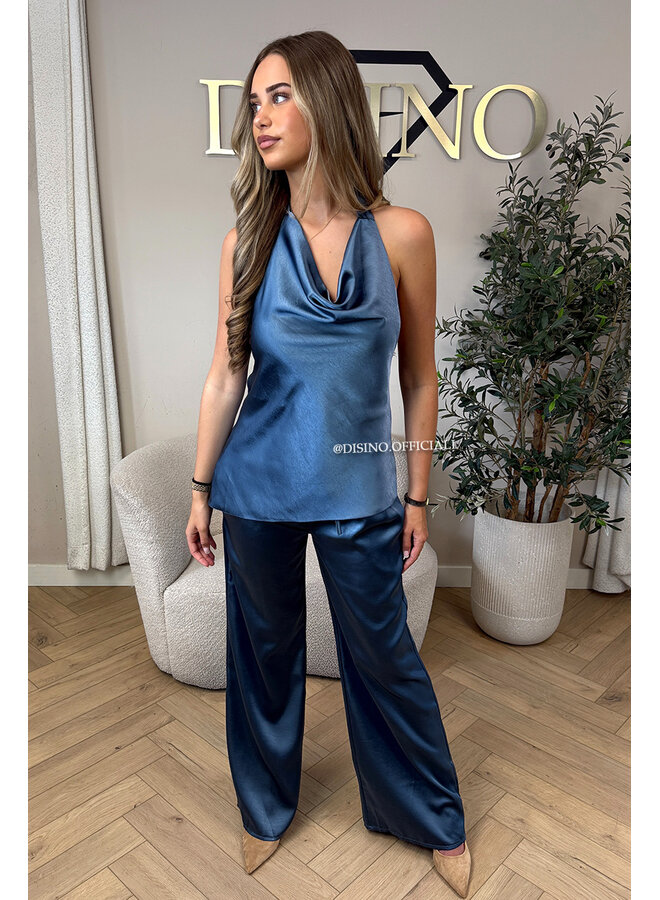 BLUE - 'NOUR SET' - CLASSY SATIN TOP + PANTS SET