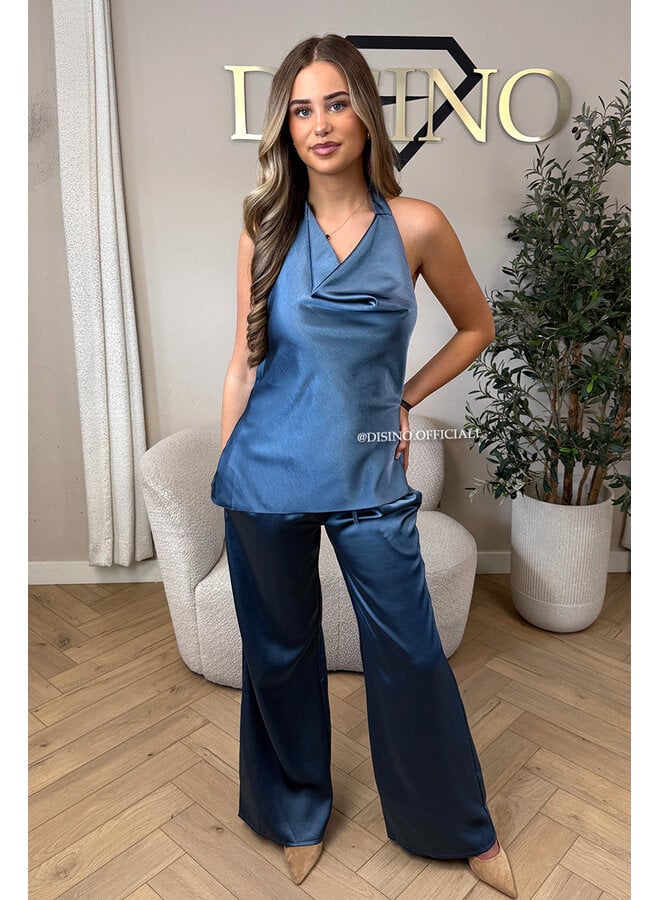 BLUE - 'NOUR SET' - CLASSY SATIN TOP + PANTS SET