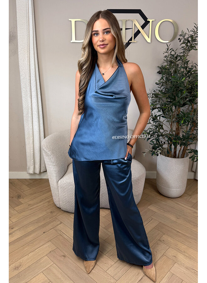 BLUE - 'NOUR SET' - CLASSY SATIN TOP + PANTS SET