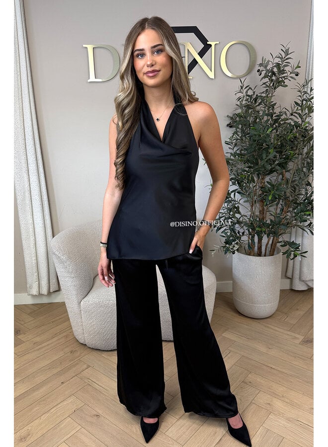 BLACK - 'NOUR SET' - CLASSY SATIN TOP + PANTS SET