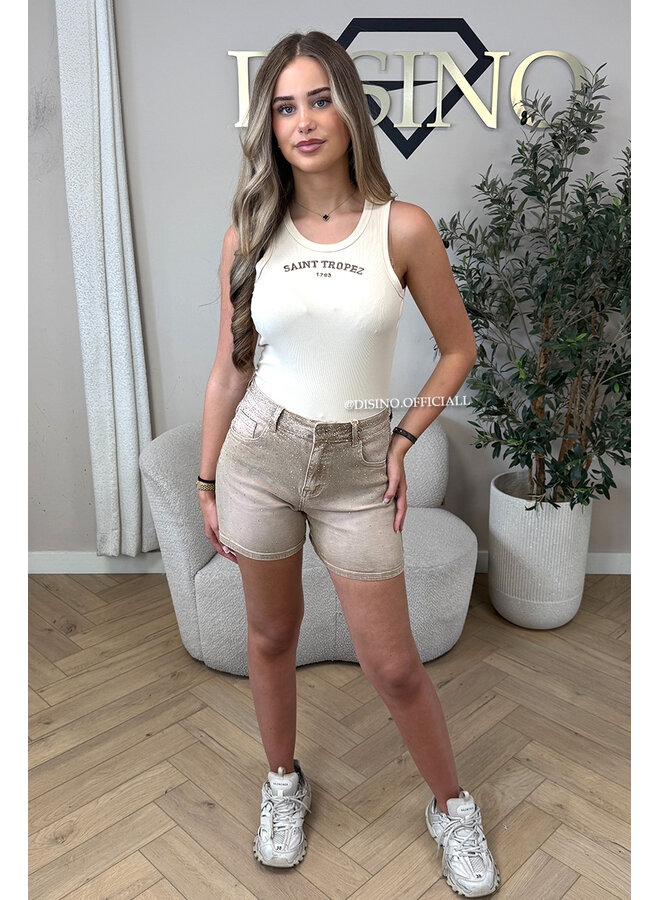 BEIGE - 'STARDUST SHORT' - SUPER STRETCH EXCLUSIVE DIAMOND DENIM SHORT