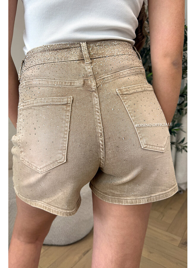 BEIGE - 'STARDUST SHORT' - SUPER STRETCH EXCLUSIVE DIAMOND DENIM SHORT