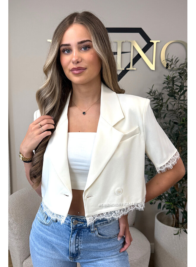 ECRU - 'MEREL BLAZER' - PREMIUM QUALITY LACE DETAIL CROPPED BLAZER