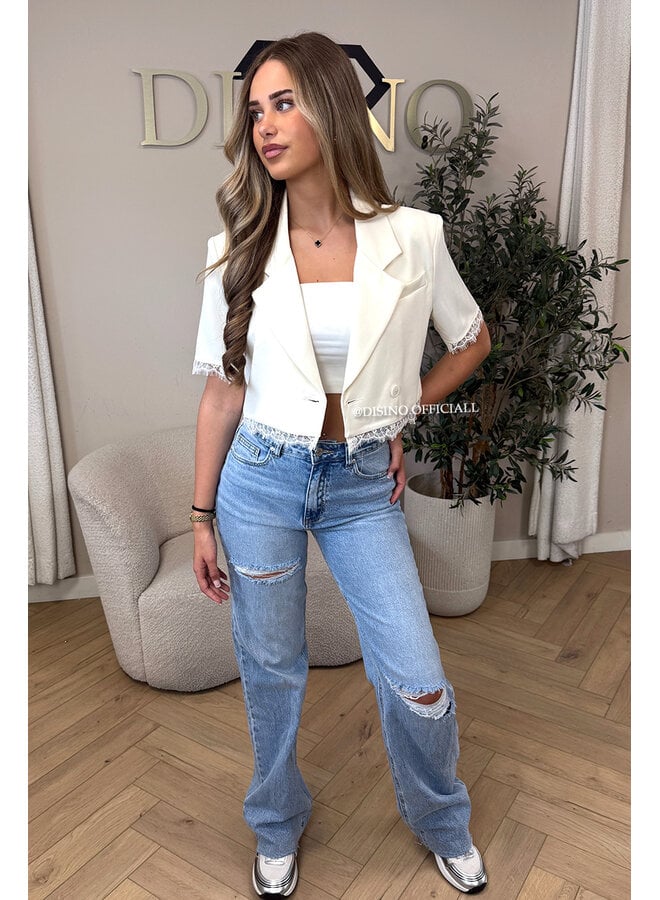 ECRU - 'MEREL BLAZER' - PREMIUM QUALITY LACE DETAIL CROPPED BLAZER