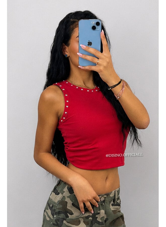 RED - 'GRACE TOP' - STUDS HALTER TOP