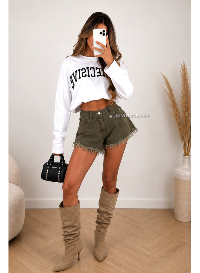 ARMY GREEN - 'LUNA SHORT' - FRAYED DENIM SHORT