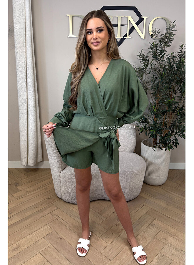 KHAKI GREEN - 'ROMY PLAYSUIT' - WRAP ON PLAYSUIT