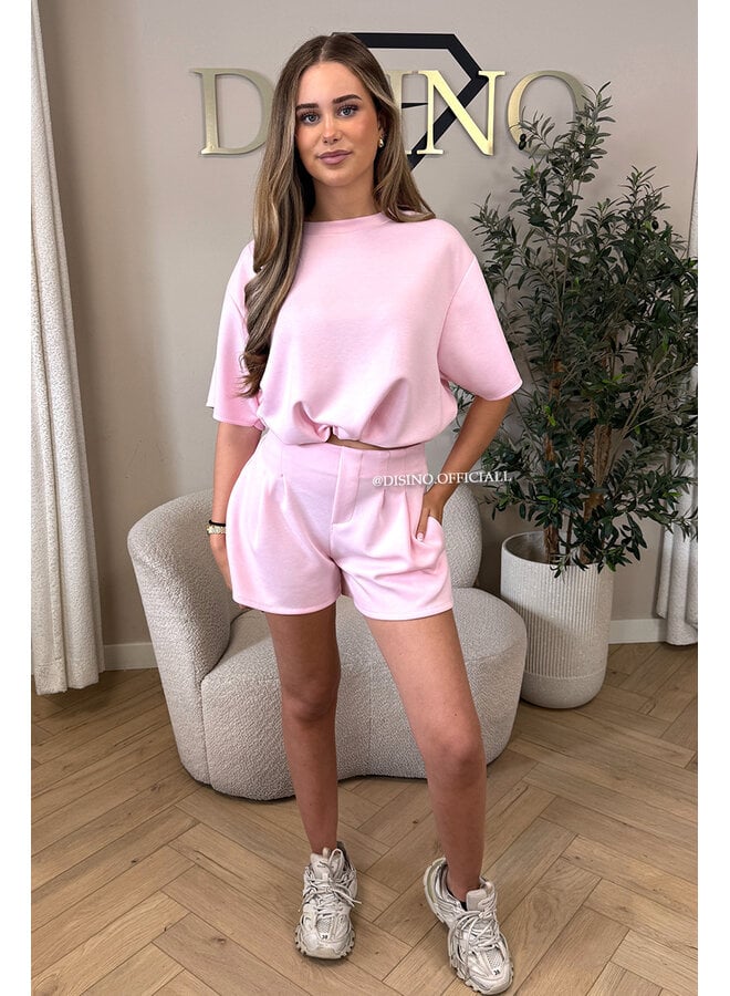 LIGHT PINK - 'MILA SHORT SET' - COMFY TOP + SHORTS TWO PIECE SET