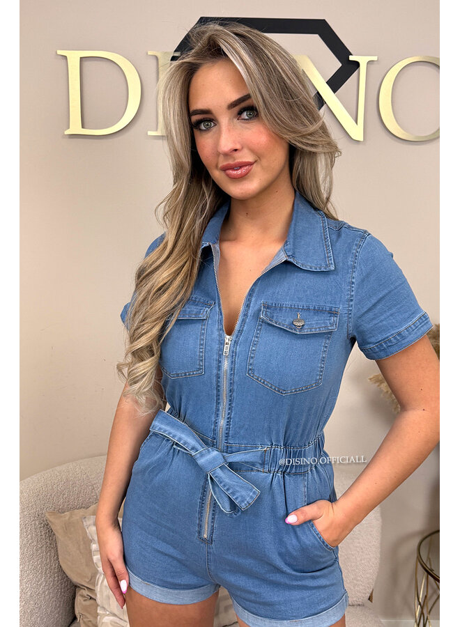 BLUE - 'MIRZA PLAYSUIT' - STRETCH DENIM PLAYSUIT