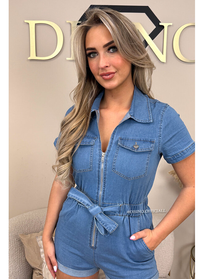 BLUE - 'MIRZA PLAYSUIT' - STRETCH DENIM PLAYSUIT