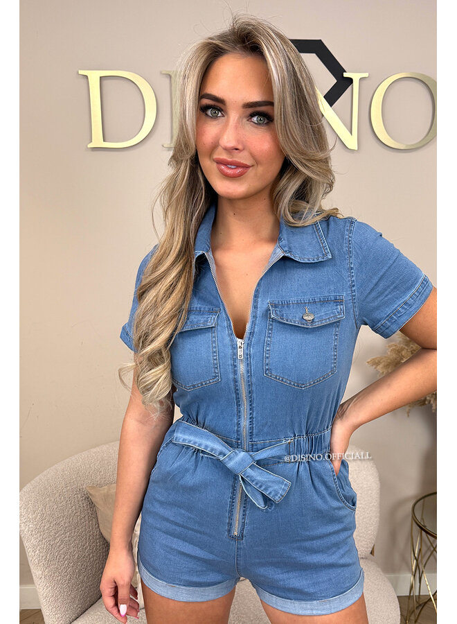 BLUE - 'MIRZA PLAYSUIT' - STRETCH DENIM PLAYSUIT