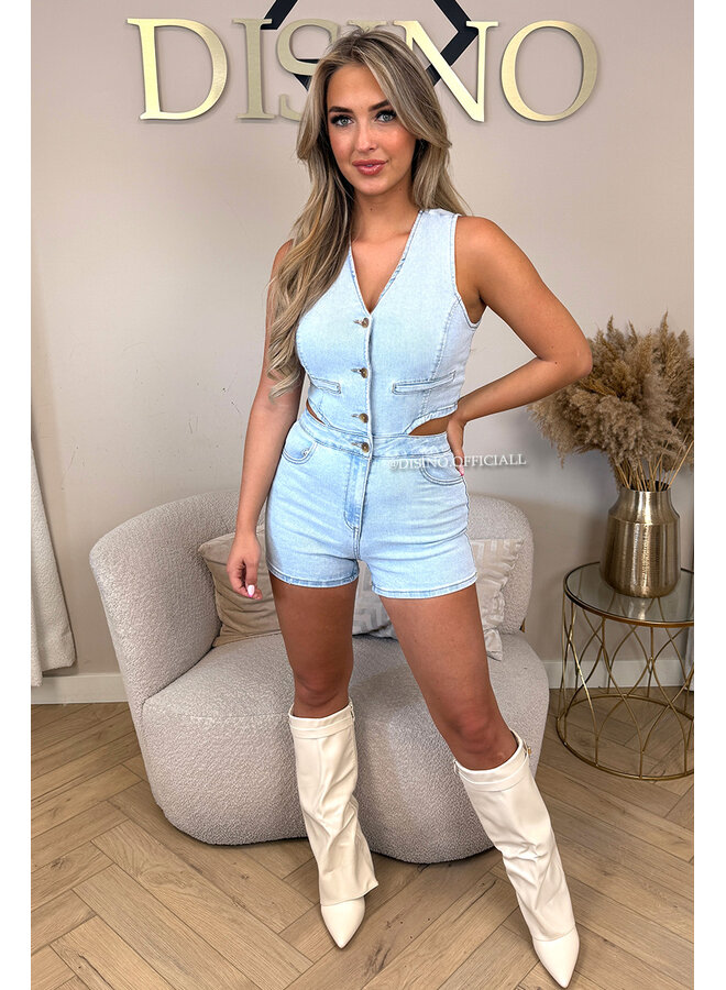 LIGHT BLUE - 'ROWEN PLAYSUIT' - DENIM STRETCH GILET + SHORT PLAYSUIT