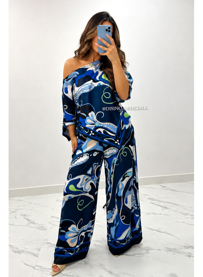 BLUE - 'POUCHI SET' - INSPIRED COLORFUL SCARF TOP + PANTS SET