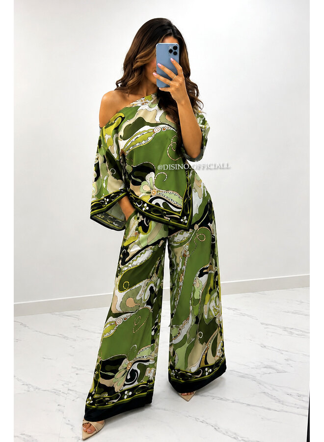 GREEN - 'POUCHI SET' - INSPIRED COLORFUL SCARF TOP + PANTS SET