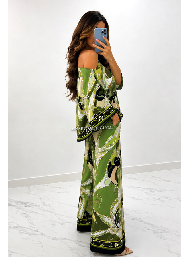 GREEN - 'POUCHI SET' - INSPIRED COLORFUL SCARF TOP + PANTS SET