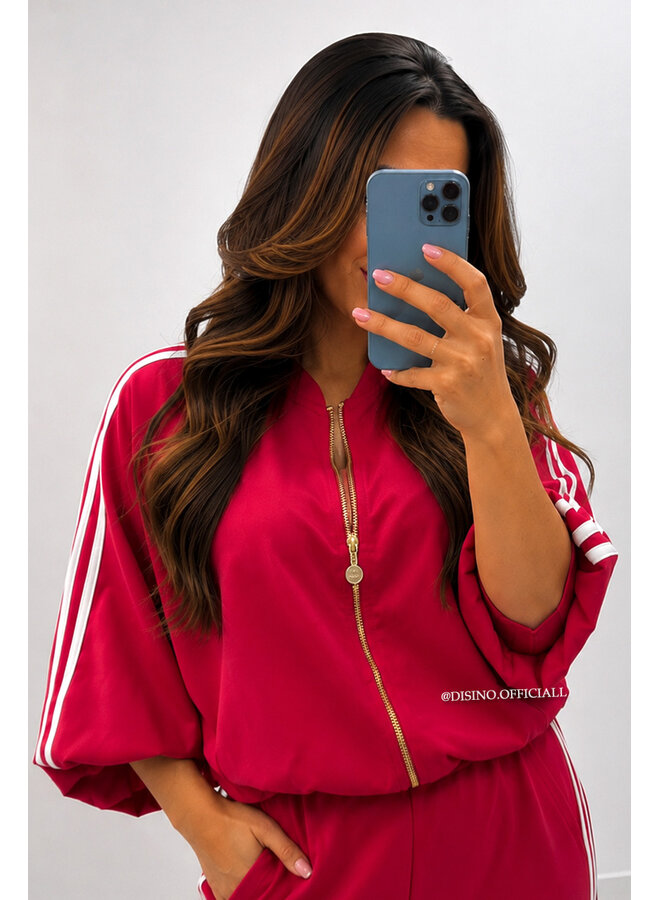 RED - 'MABEL JACKET' - SHORT SLEEVE STRIPED BOMBER