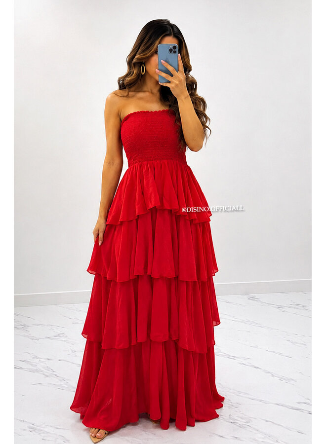 RED - 'ISABELLA MAXI DRESS' - SUMMER CHIQUE LAYERED RUFFLE MAXI DRESS