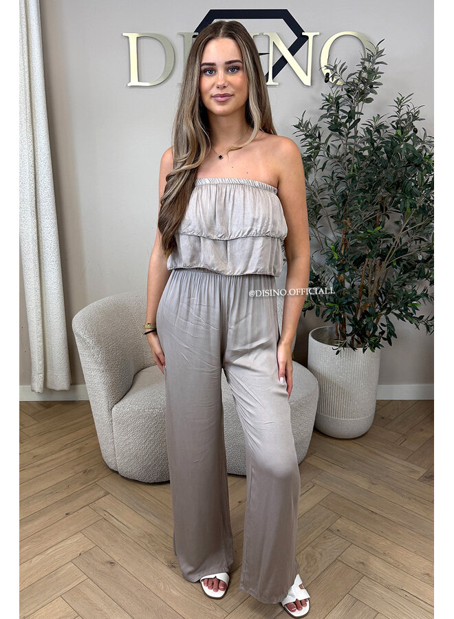 TAUPE - 'IRIS JUMPSUIT' - COMFY RUFFLE STRAPLESS JUMPSUIT
