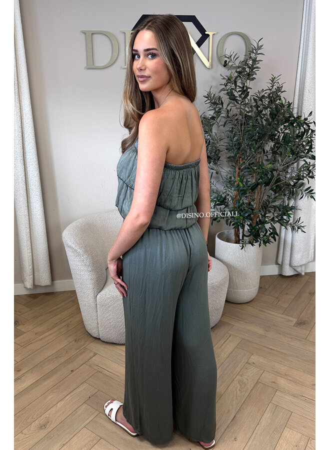 KHAKI GREEN - 'IRIS JUMPSUIT' - COMFY RUFFLE STRAPLESS JUMPSUIT