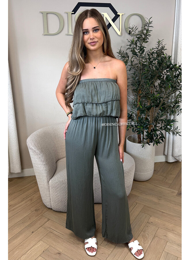KHAKI GREEN - 'IRIS JUMPSUIT' - COMFY RUFFLE STRAPLESS JUMPSUIT