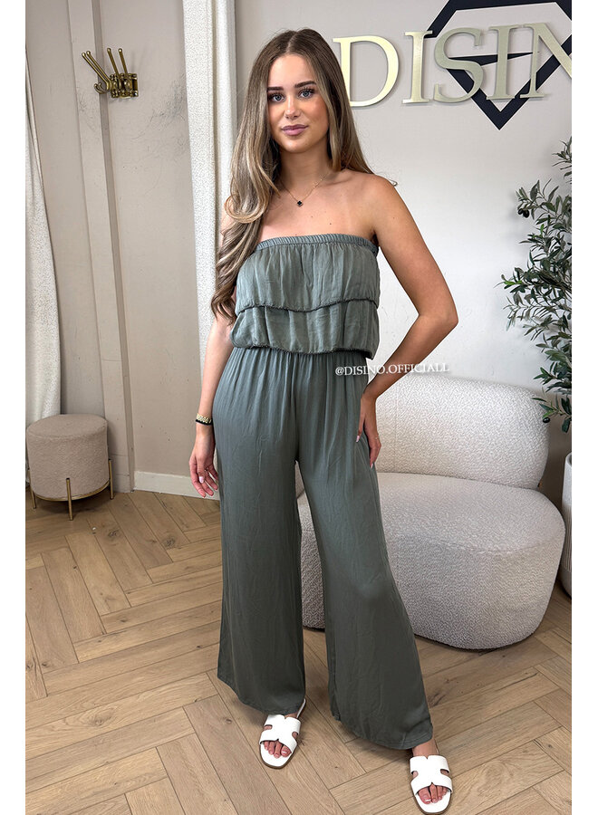 KHAKI GREEN - 'IRIS JUMPSUIT' - COMFY RUFFLE STRAPLESS JUMPSUIT