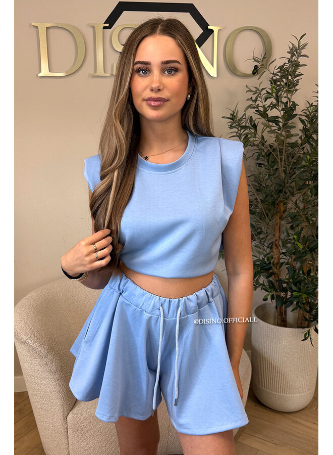 LIGHT BLUE - 'EVIE SHORT SET' - BOYFRIEND TOP + PANTS TWO PIECE SET