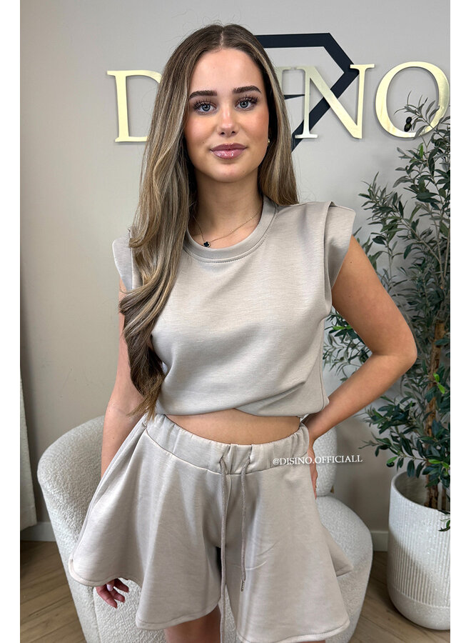 TAUPE - 'EVIE SHORT SET' - BOYFRIEND TOP + PANTS TWO PIECE SET