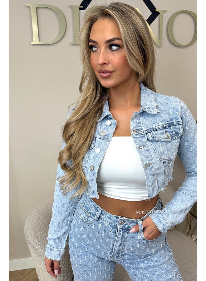 LIGHT BLUE - 'WHITNEY JACKET' - CROPPED RELIEF DENIM JACKET