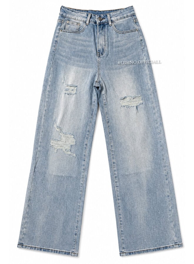BLUE - 'DUBLIN V3' - SUPER STRETCH RIPPED DETAIL WIDE LEG JEANS