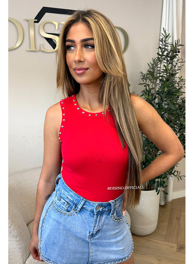 RED - 'GRACE TOP' - STUDS HALTER TOP