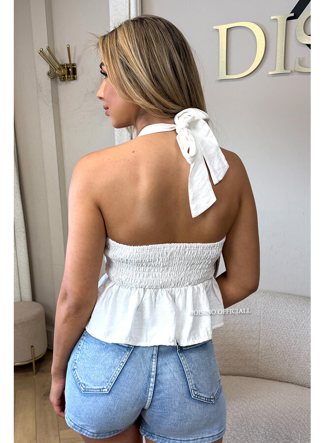 WHITE - 'KATIE TOP' - STUDS OPEN BACK RUFFLE TOP