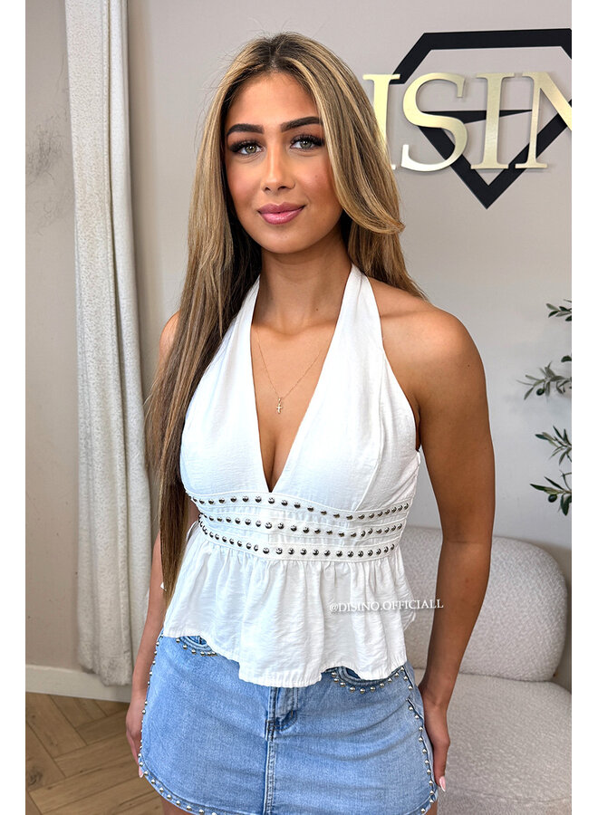 WHITE - 'KATIE TOP' - STUDS OPEN BACK RUFFLE TOP