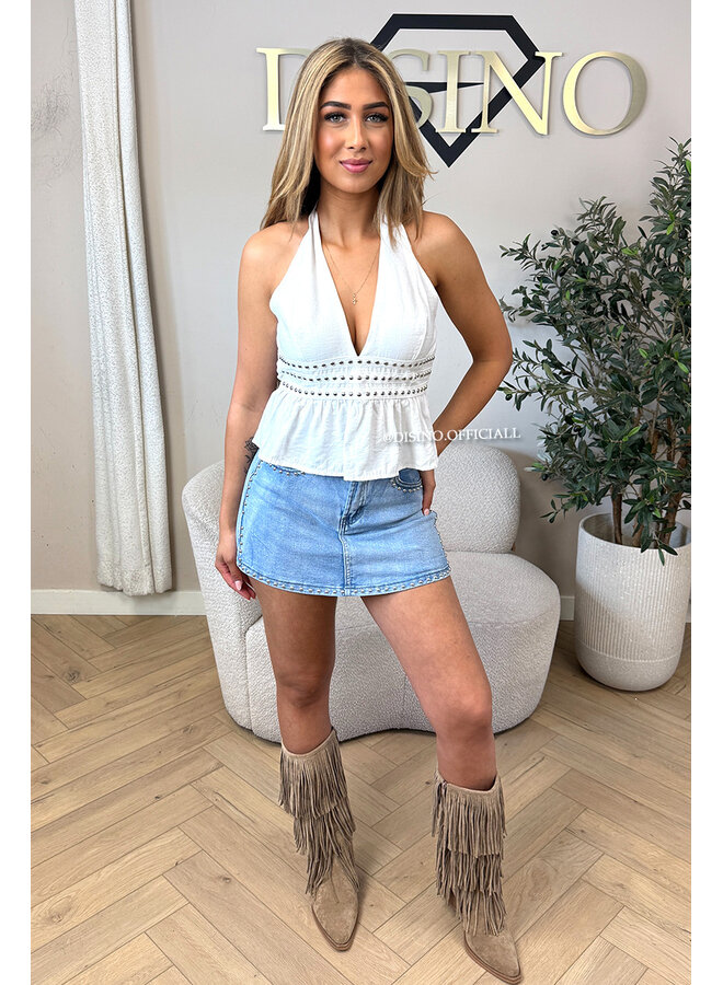 WHITE - 'KATIE TOP' - STUDS OPEN BACK RUFFLE TOP