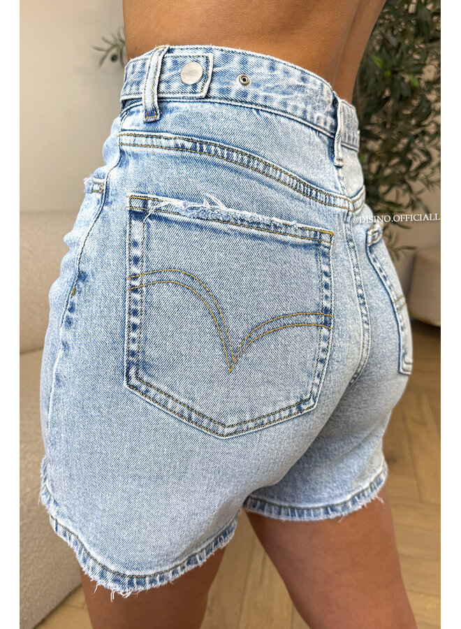 BLUE - 'LEXIE SHORTS' - WAIST DETAIL PERFECT STRETCH DENIM SHORTS