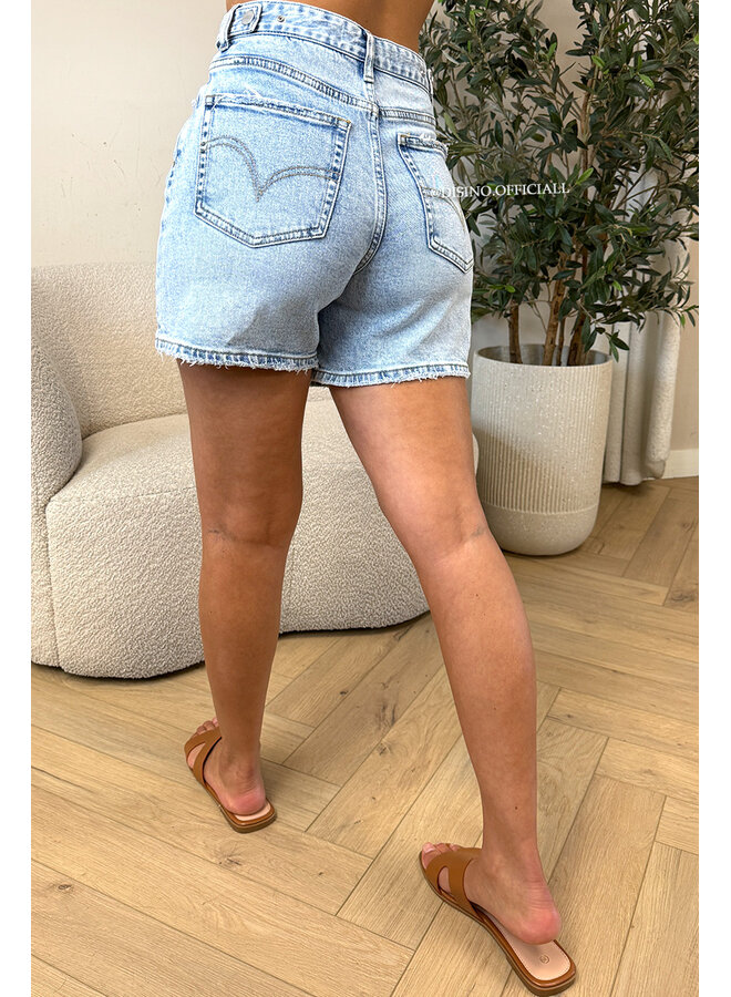 BLUE - 'LEXIE SHORTS' - WAIST DETAIL PERFECT STRETCH DENIM SHORTS