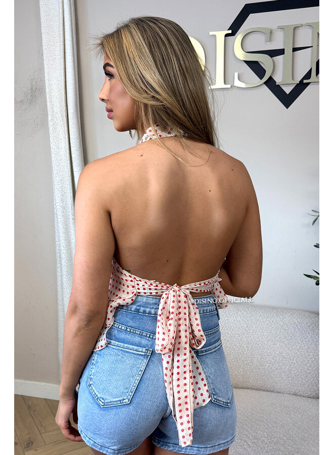 ECRU/RED - 'MIRAI TOP' - POLKADOT OPEN BACK RUFFLE TOP